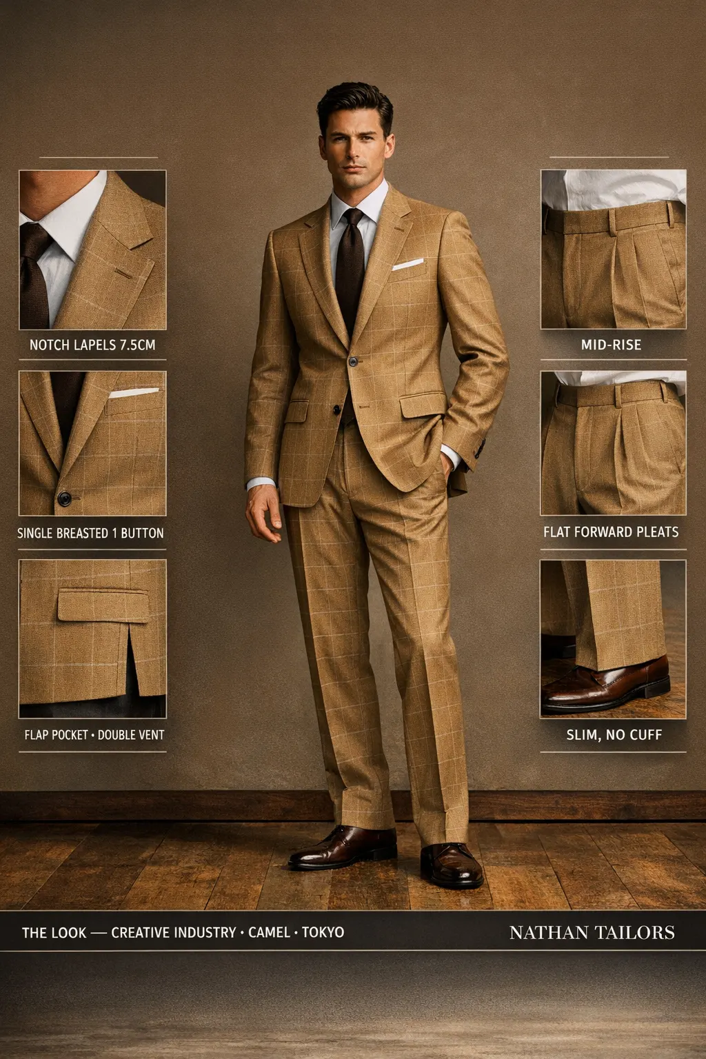 camel windowpane single-breasted notch-lapel bespoke suit — AI-rendered by Nathan Tailors, the Hoi An custom tailor. Available as a custom tailored suit from $149.