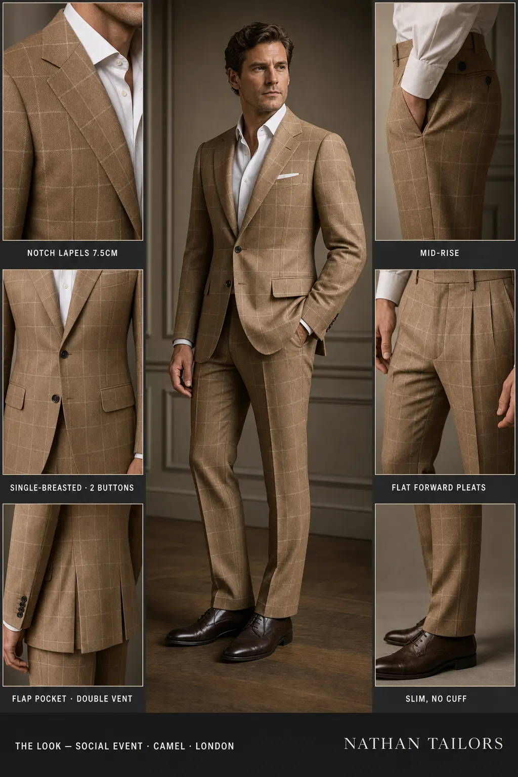 camel windowpane single-breasted notch-lapel bespoke suit — AI-rendered by Nathan Tailors, the Hoi An custom tailor. Available as a custom tailored suit from $149.