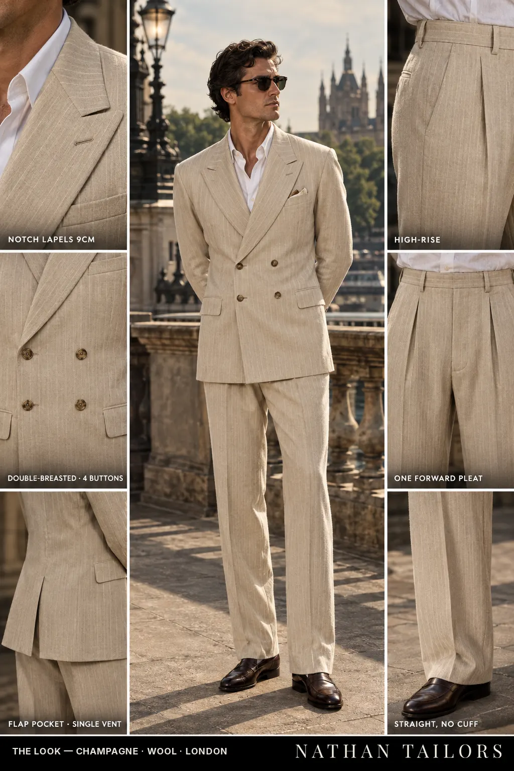 champagne chalk_stripe double-breasted bespoke suit — custom tailored by Nathan Tailors, the Hoi An custom tailor