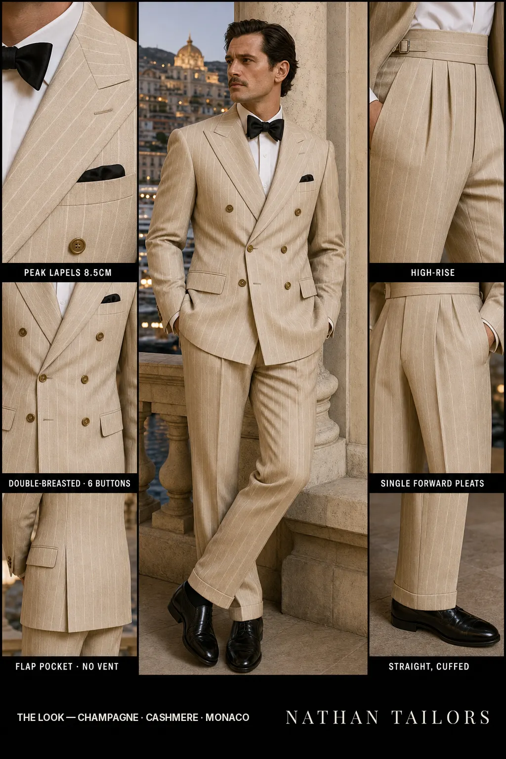 champagne chalk stripe double-breasted peak-lapel bespoke suit โ AI-rendered by Nathan Tailors, the Hoi An custom tailor. Available as a custom tailored suit from $149.