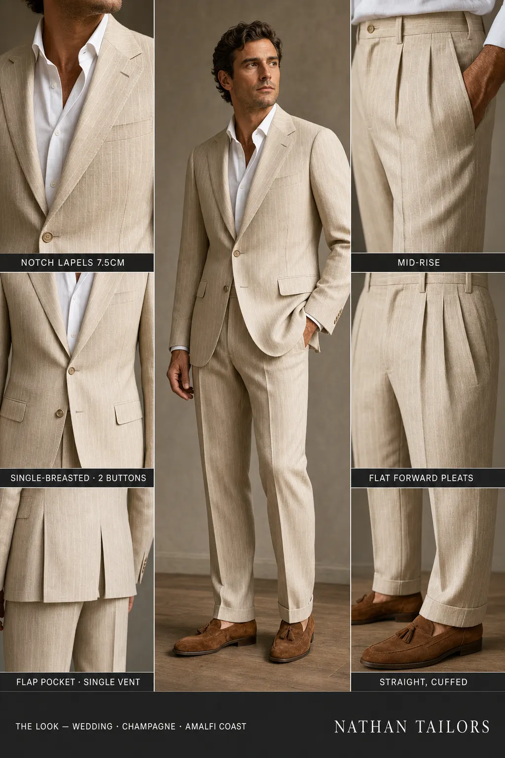 champagne chalk stripe single-breasted notch-lapel bespoke suit — AI-rendered by Nathan Tailors, the Hoi An custom tailor. Available as a custom tailored suit from $149.