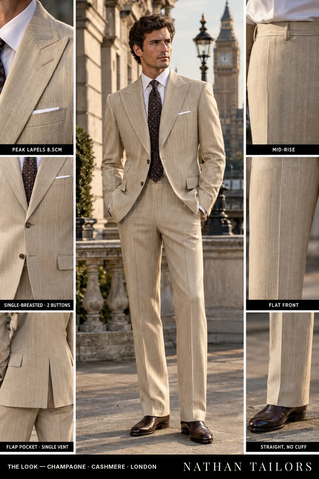 champagne chalk stripe single-breasted peak-lapel bespoke suit — AI-rendered by Nathan Tailors, the Hoi An custom tailor. Available as a custom tailored suit from $149.