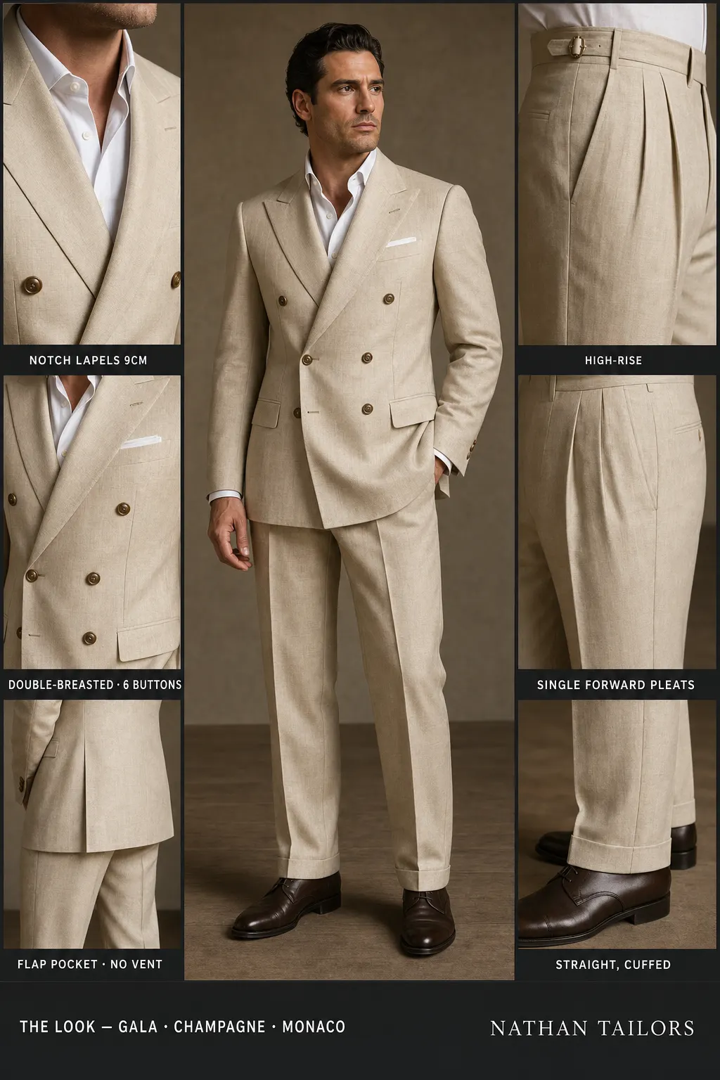 champagne double-breasted notch-lapel bespoke suit โ AI-rendered by Nathan Tailors, the Hoi An custom tailor. Available as a custom tailored suit from $149.
