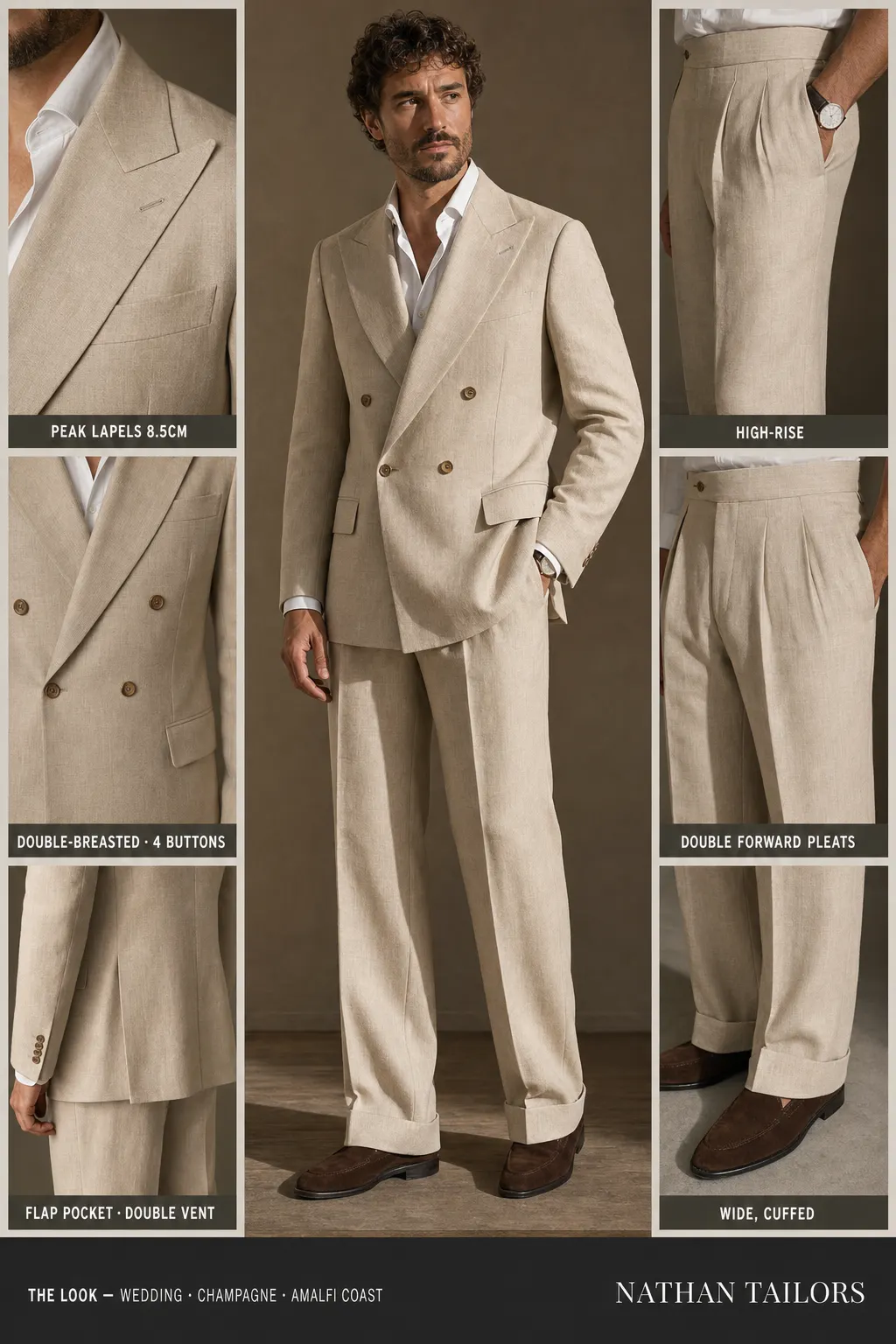 champagne double-breasted peak-lapel bespoke suit — AI-rendered by Nathan Tailors, the Hoi An custom tailor. Available as a custom tailored suit from $149.