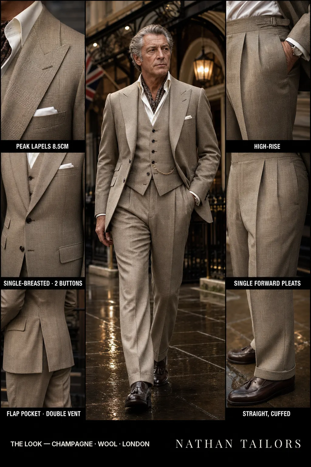 champagne glen plaid single-breasted peak-lapel bespoke suit — AI-rendered by Nathan Tailors, the Hoi An custom tailor. Available as a custom tailored suit from $149.