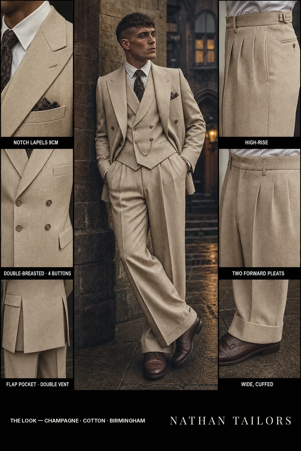 champagne herringbone double-breasted notch-lapel bespoke suit โ AI-rendered by Nathan Tailors, the Hoi An custom tailor. Available as a custom tailored suit from $149.