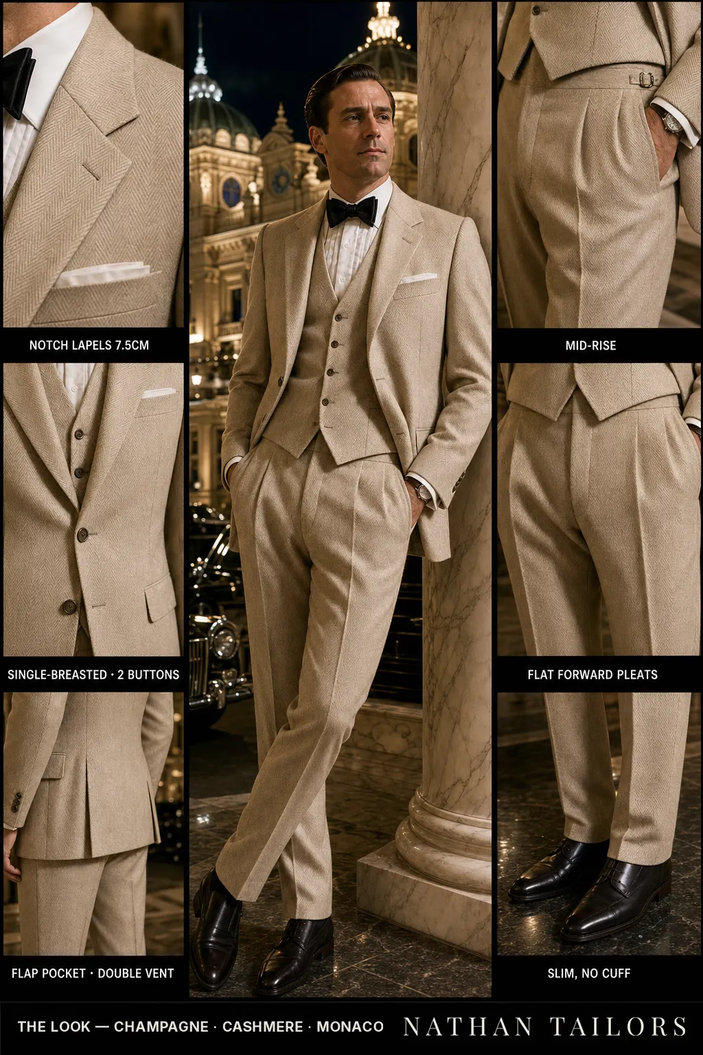 champagne herringbone single-breasted notch-lapel bespoke suit — AI-rendered by Nathan Tailors, the Hoi An custom tailor. Available as a custom tailored suit from $149.