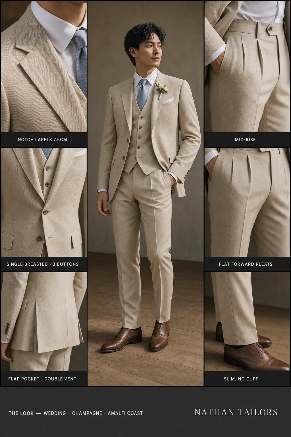 champagne herringbone single-breasted notch-lapel bespoke suit — AI-rendered by Nathan Tailors, the Hoi An custom tailor. Available as a custom tailored suit from $149.