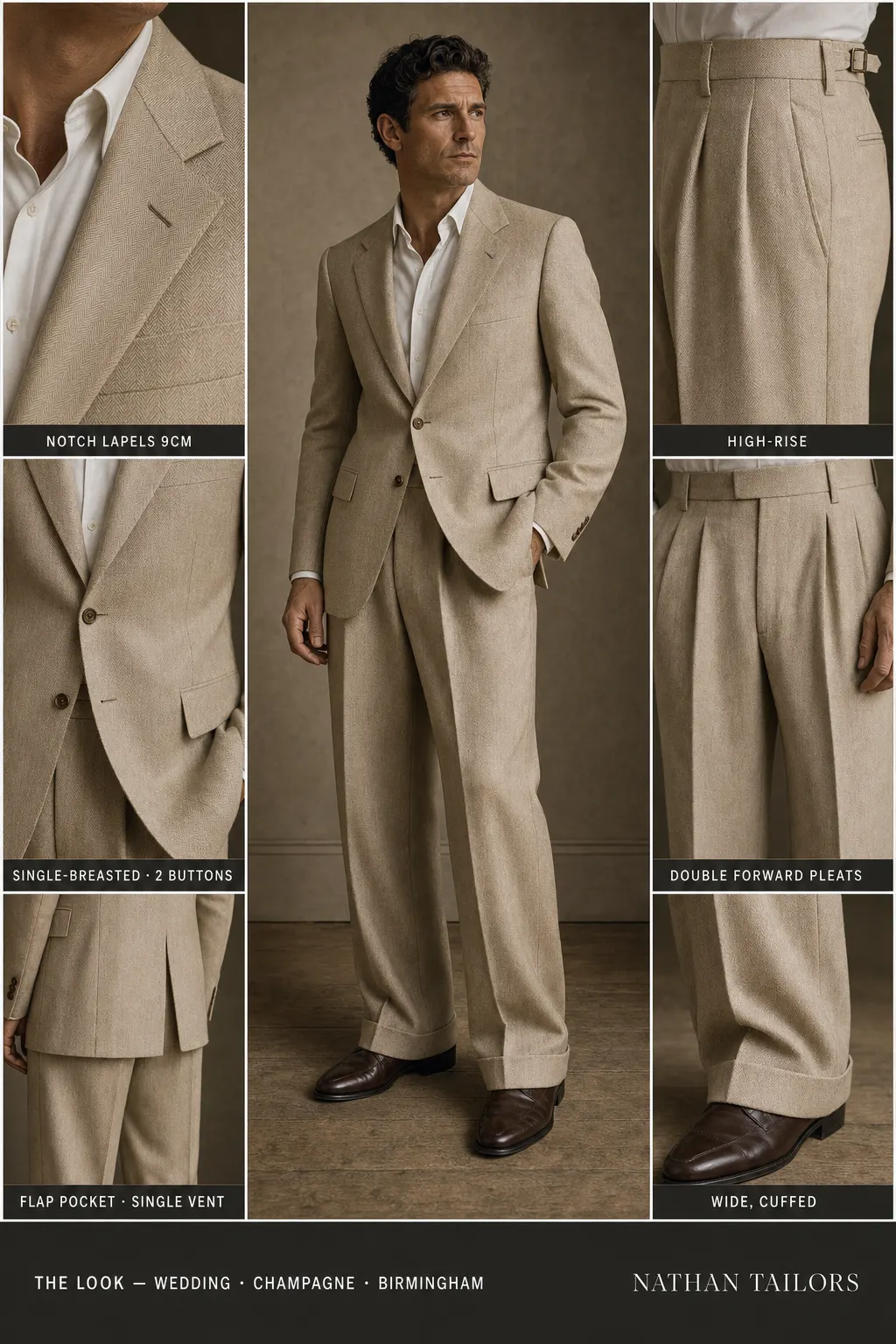 champagne herringbone single-breasted notch-lapel bespoke suit — AI-rendered by Nathan Tailors, the Hoi An custom tailor. Available as a custom tailored suit from $149.