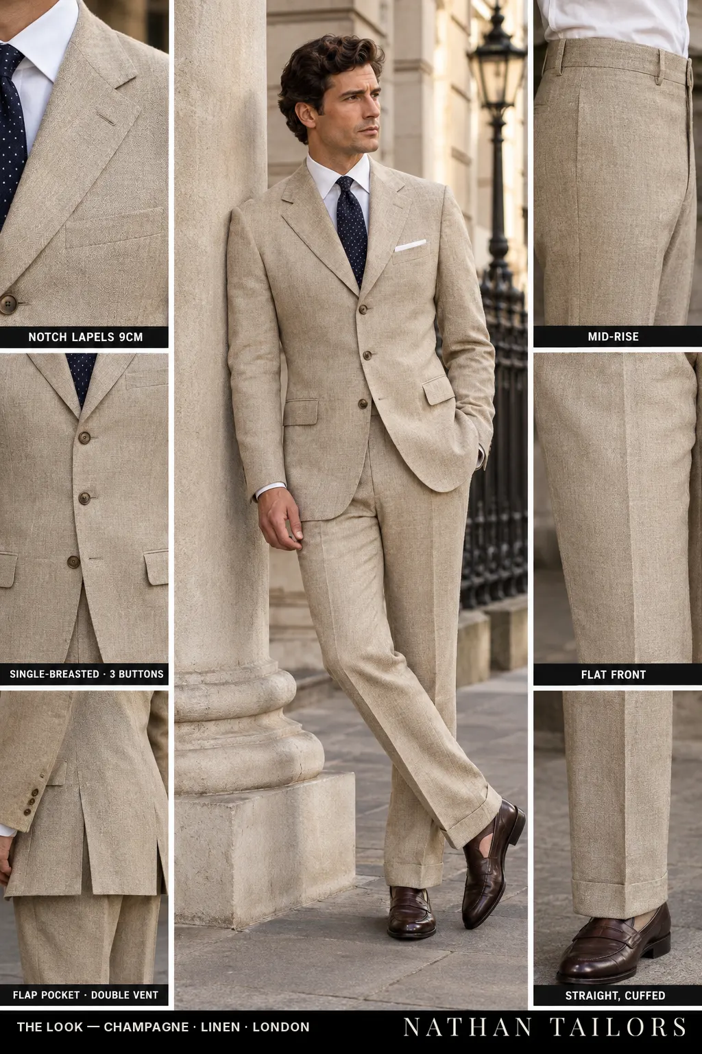 champagne herringbone single-breasted bespoke suit — custom tailored by Nathan Tailors, the Hoi An custom tailor