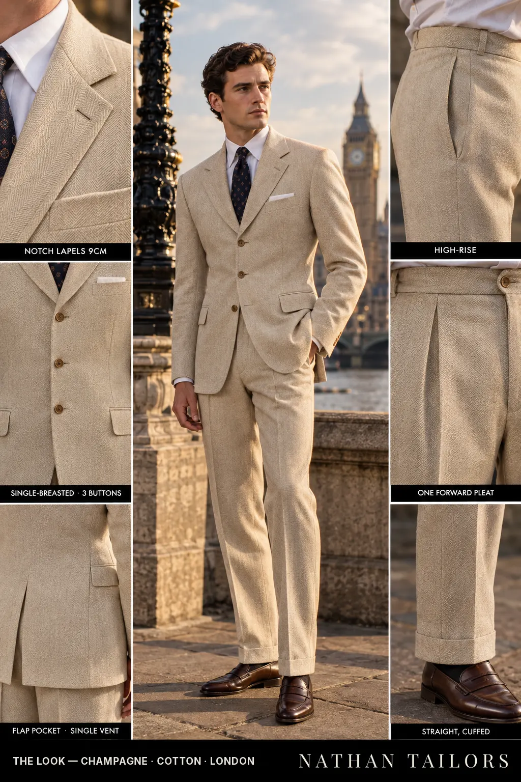 champagne herringbone single-breasted bespoke suit — custom tailored by Nathan Tailors, the Hoi An custom tailor