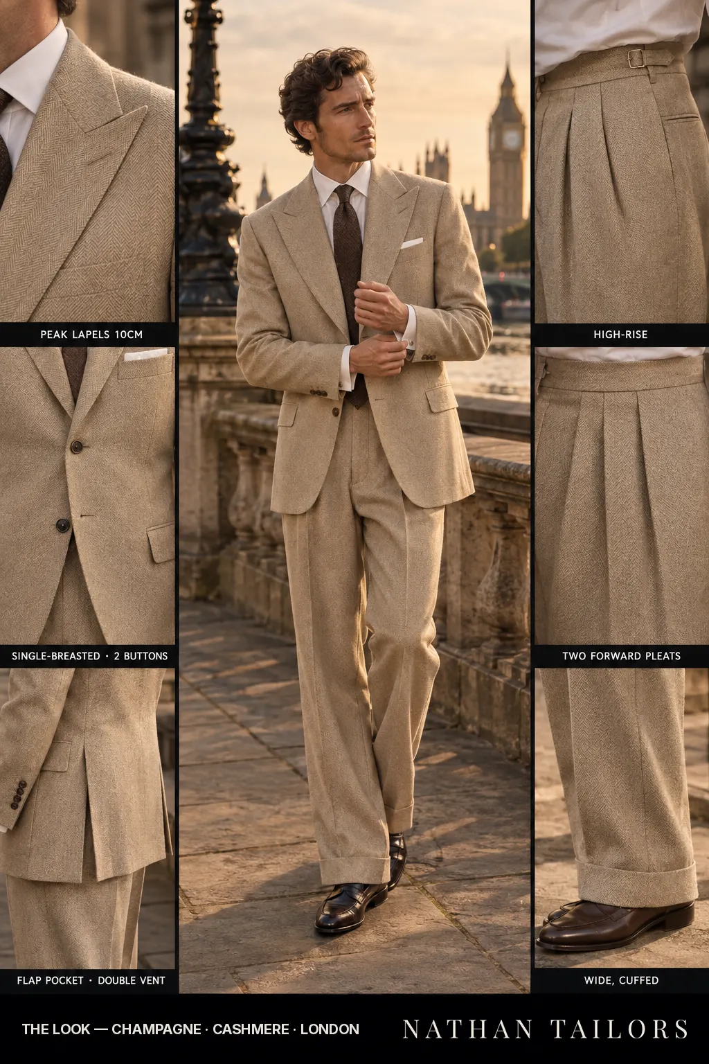 champagne herringbone single-breasted bespoke suit โ custom tailored by Nathan Tailors, the Hoi An custom tailor