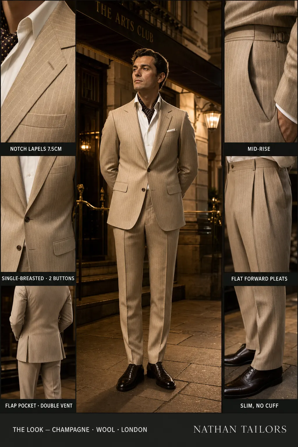 champagne pinstripe single-breasted notch-lapel bespoke suit โ AI-rendered by Nathan Tailors, the Hoi An custom tailor. Available as a custom tailored suit from $149.