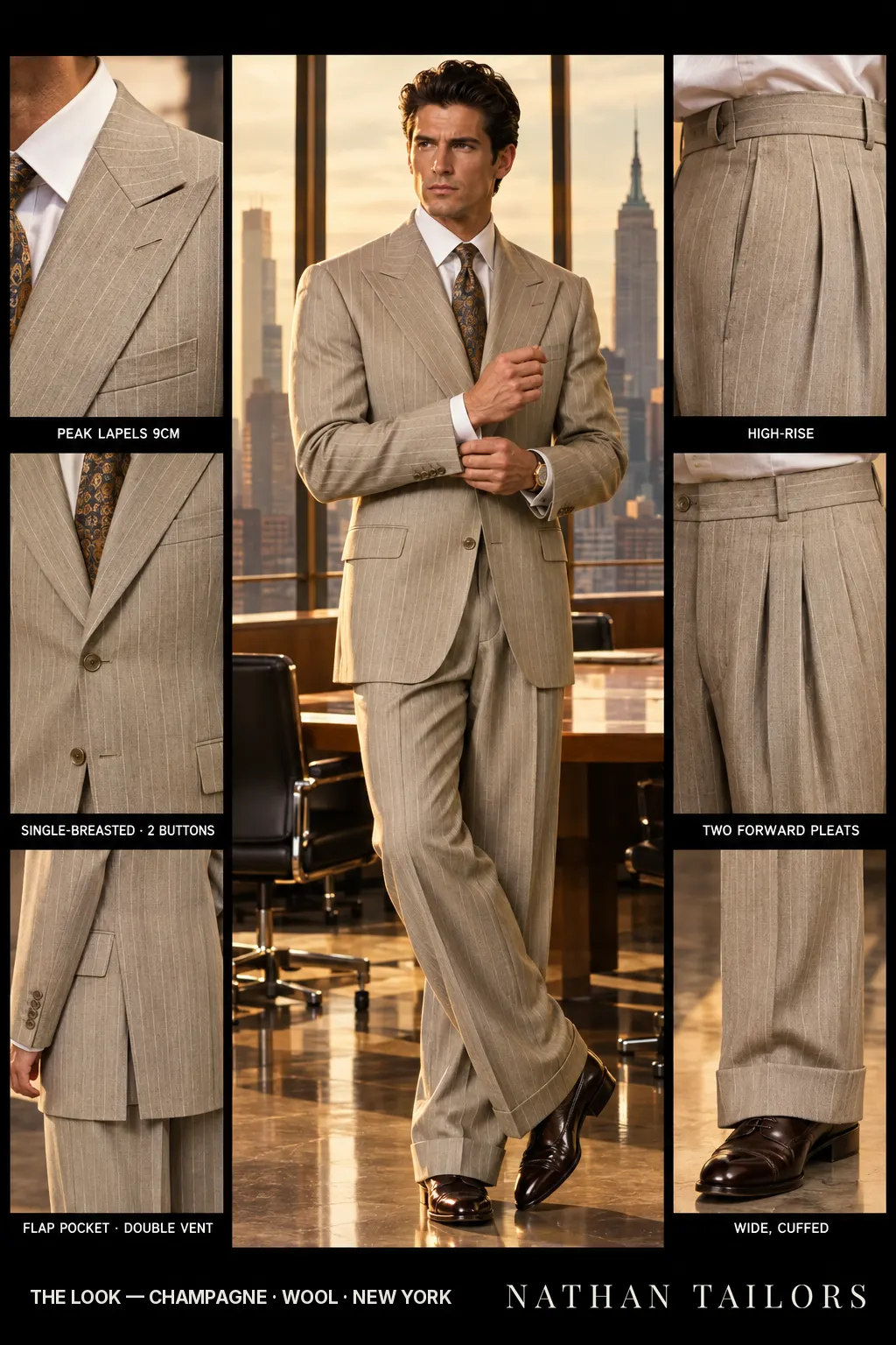 champagne pinstripe single-breasted bespoke suit — custom tailored by Nathan Tailors, the Hoi An custom tailor