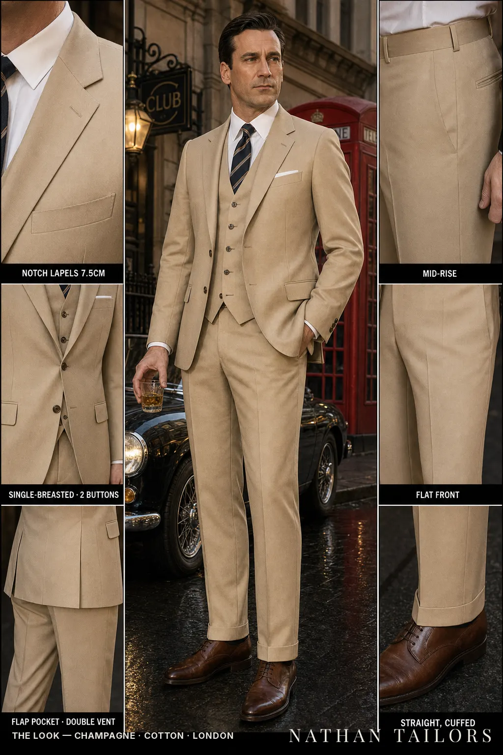 champagne single-breasted notch-lapel bespoke suit โ AI-rendered by Nathan Tailors, the Hoi An custom tailor. Available as a custom tailored suit from $149.