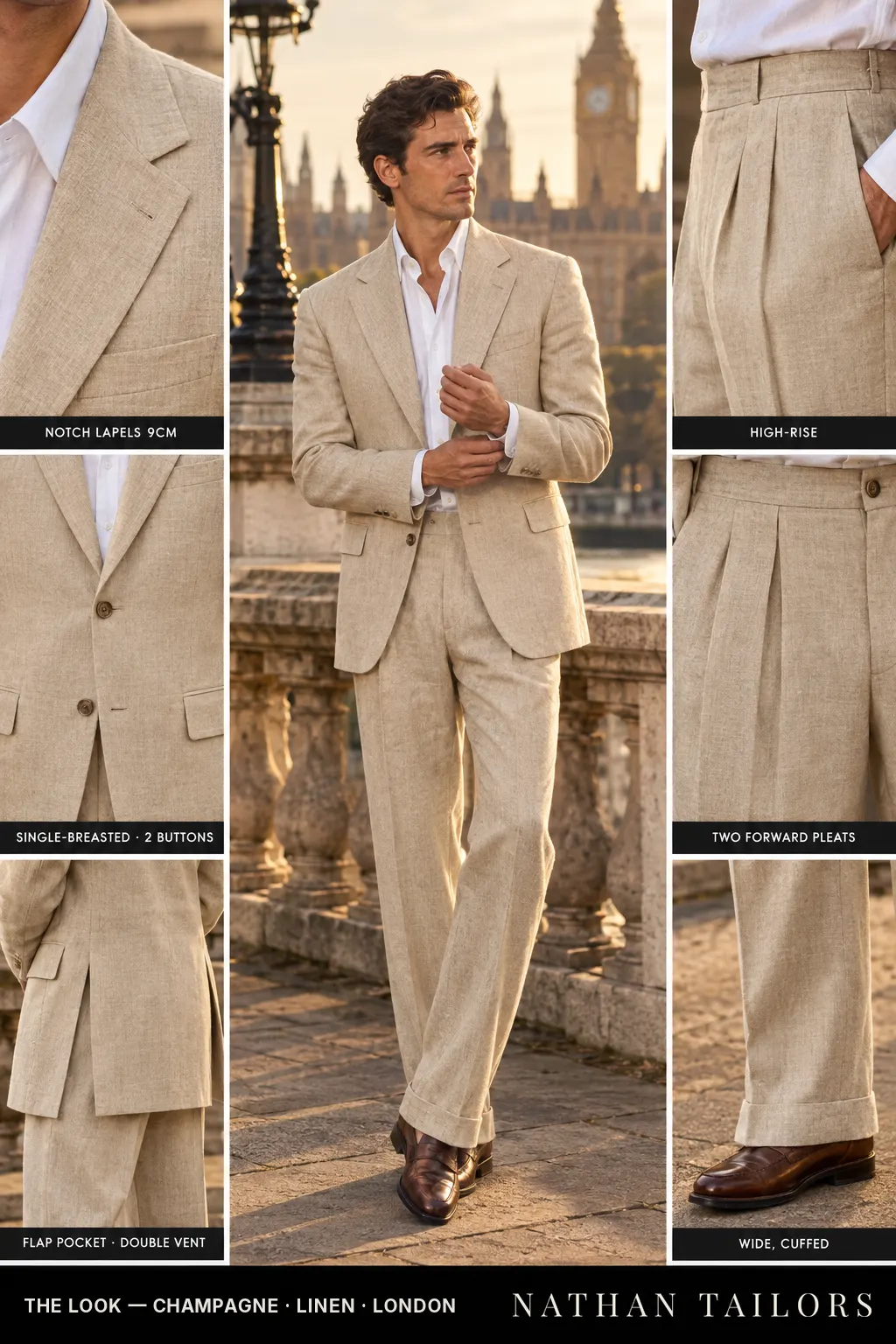 champagne single-breasted bespoke suit โ custom tailored by Nathan Tailors, the Hoi An custom tailor