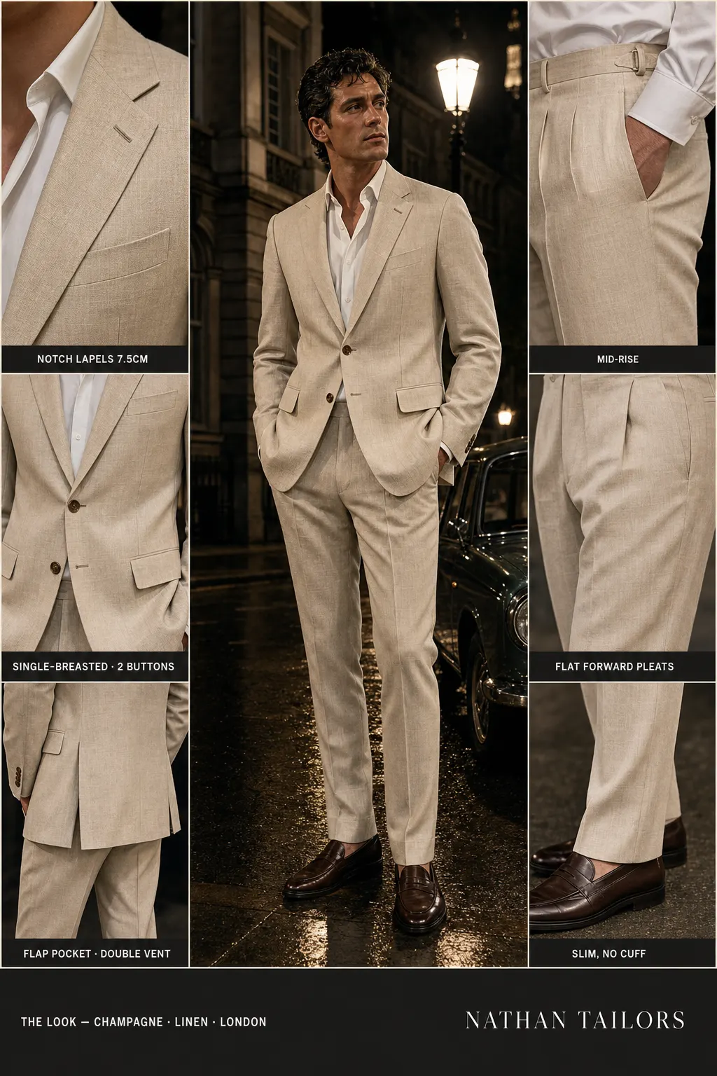 champagne single-breasted notch-lapel bespoke suit โ AI-rendered by Nathan Tailors, the Hoi An custom tailor. Available as a custom tailored suit from $149.