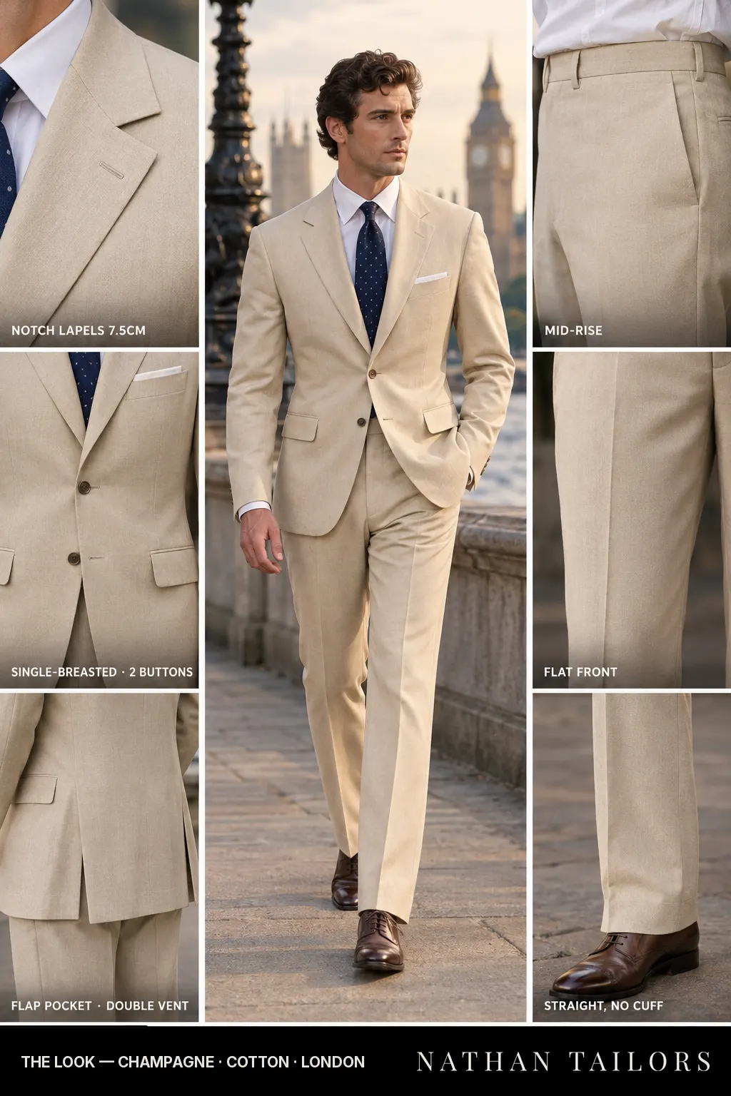 champagne single-breasted bespoke suit โ custom tailored by Nathan Tailors, the Hoi An custom tailor