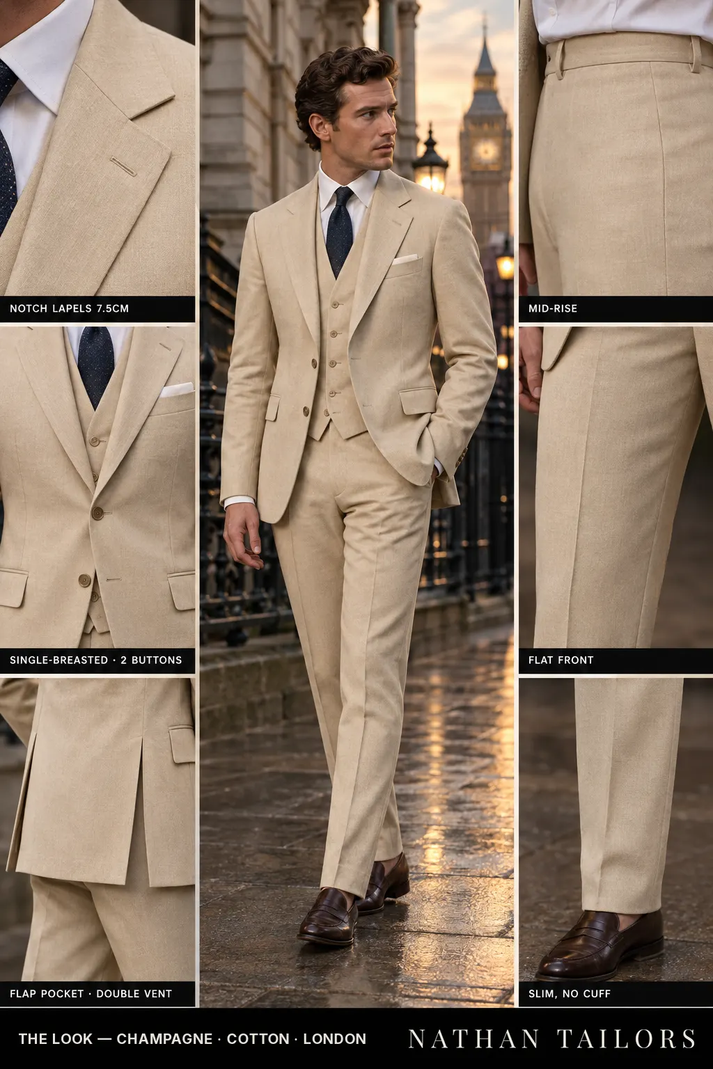 champagne single-breasted bespoke suit — custom tailored by Nathan Tailors, the Hoi An custom tailor
