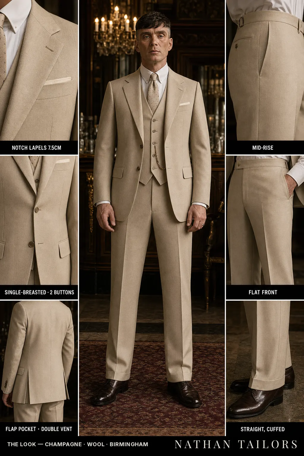 champagne single-breasted notch-lapel bespoke suit — AI-rendered by Nathan Tailors, the Hoi An custom tailor. Available as a custom tailored suit from $149.