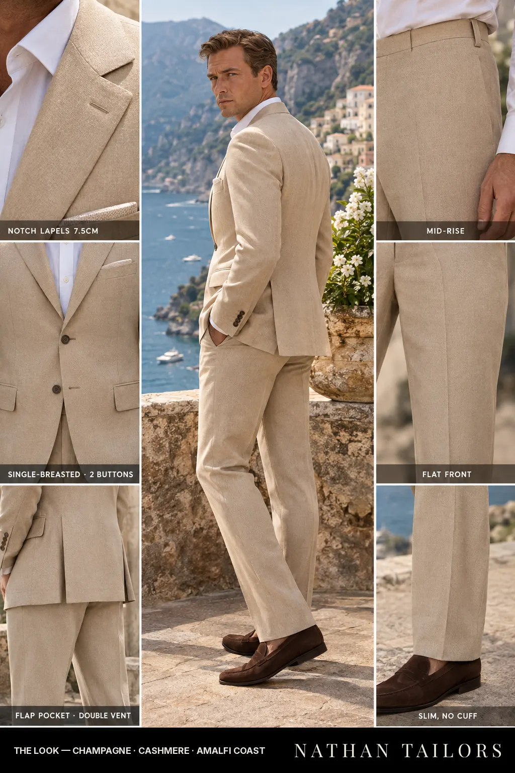 champagne single-breasted bespoke suit โ custom tailored by Nathan Tailors, the Hoi An custom tailor