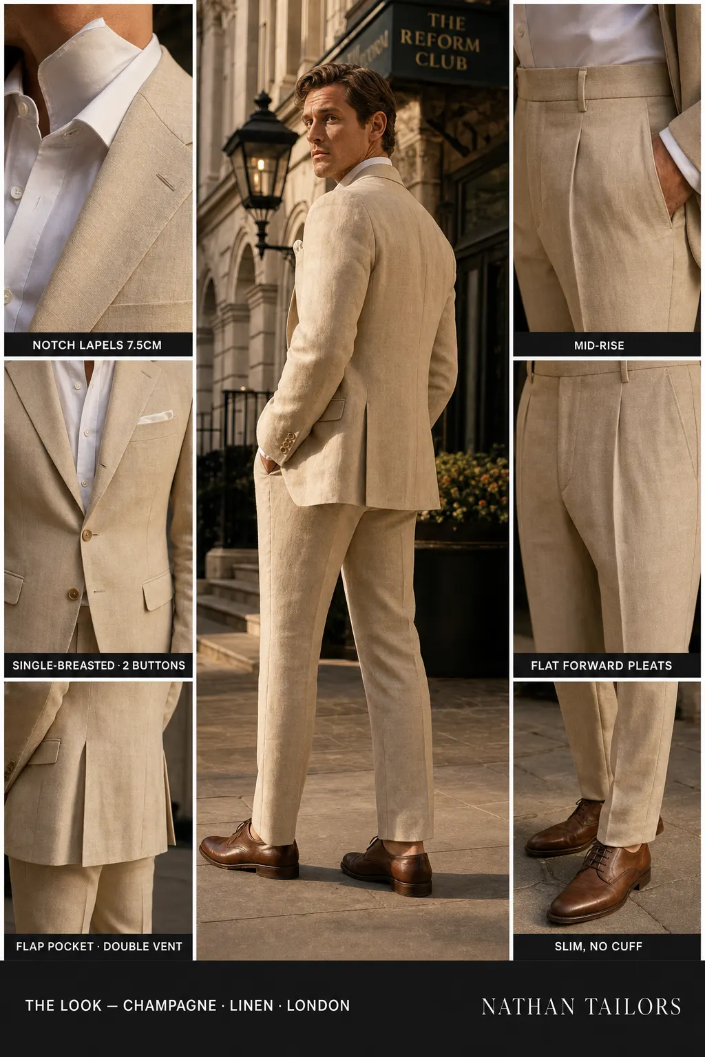 champagne single-breasted notch-lapel bespoke suit โ AI-rendered by Nathan Tailors, the Hoi An custom tailor. Available as a custom tailored suit from $169.