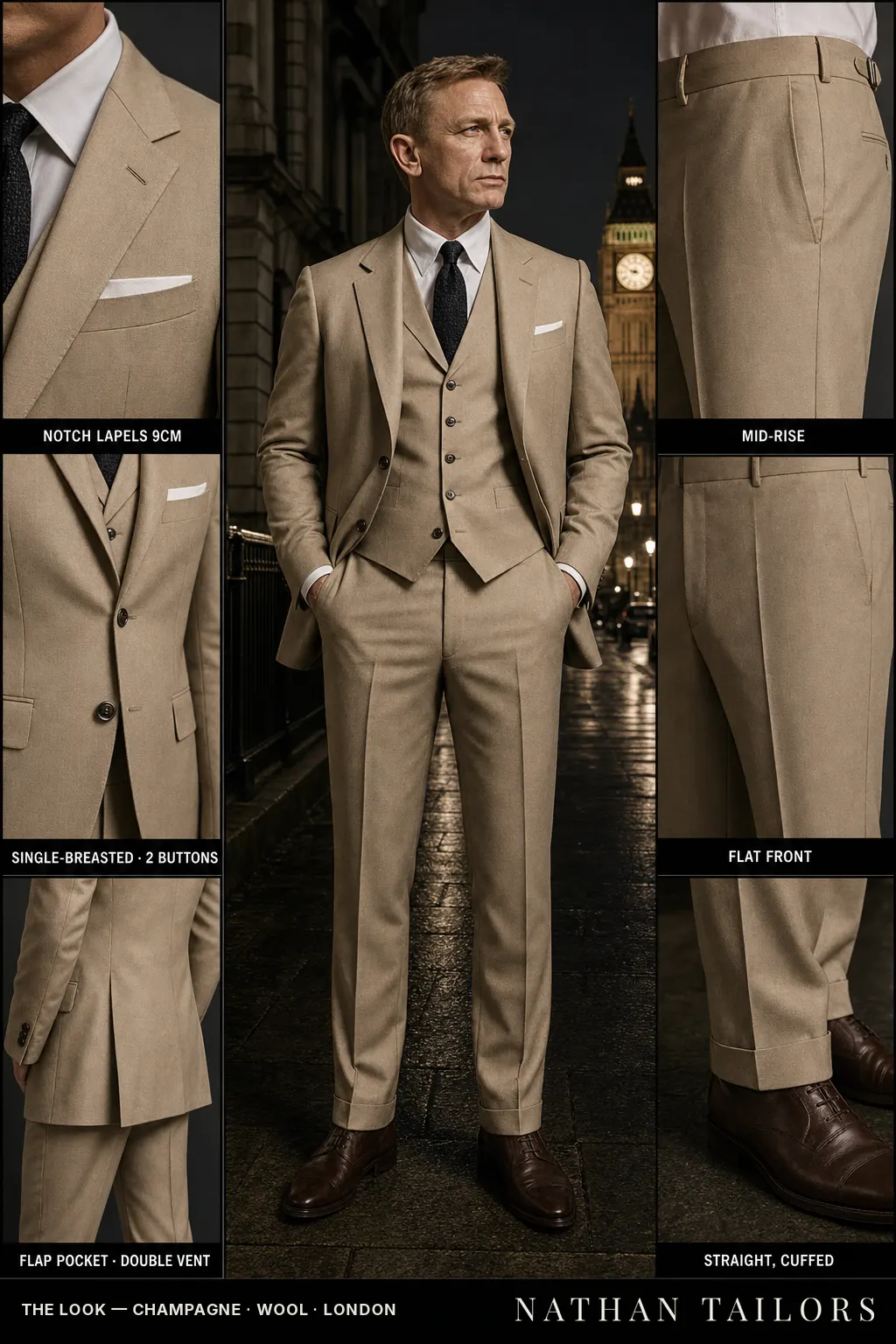 champagne single-breasted notch-lapel bespoke suit — AI-rendered by Nathan Tailors, the Hoi An custom tailor. Available as a custom tailored suit from $149.