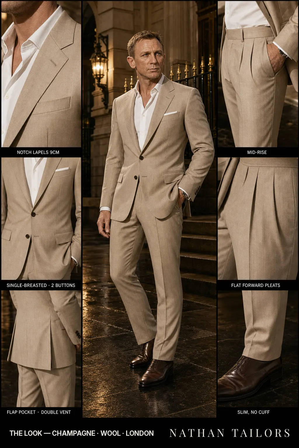 champagne single-breasted notch-lapel bespoke suit — AI-rendered by Nathan Tailors, the Hoi An custom tailor. Available as a custom tailored suit from $149.