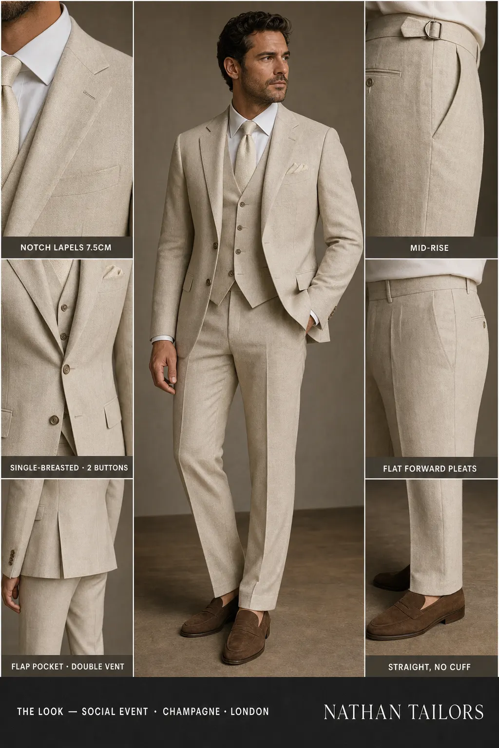 champagne single-breasted notch-lapel bespoke suit โ AI-rendered by Nathan Tailors, the Hoi An custom tailor. Available as a custom tailored suit from $149.