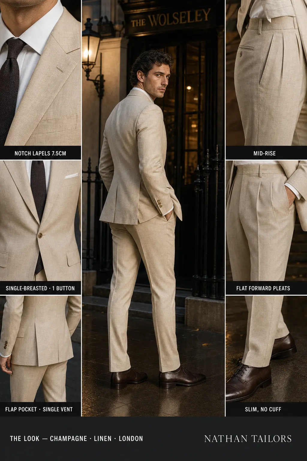 champagne single-breasted notch-lapel bespoke suit — AI-rendered by Nathan Tailors, the Hoi An custom tailor. Available as a custom tailored suit from $169.