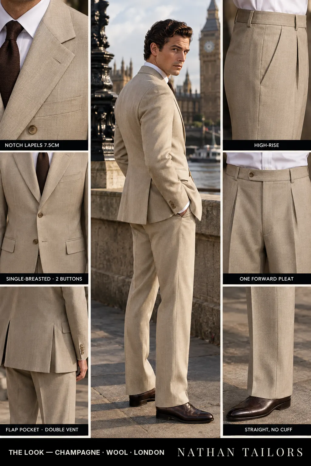 champagne single-breasted notch-lapel bespoke suit โ AI-rendered by Nathan Tailors, the Hoi An custom tailor. Available as a custom tailored suit from $169.