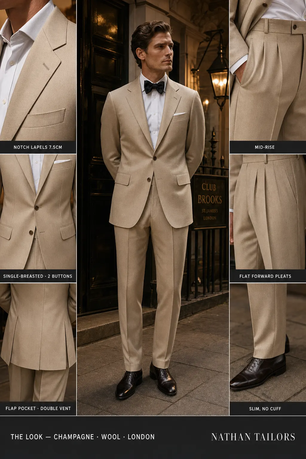champagne single-breasted notch-lapel bespoke suit โ AI-rendered by Nathan Tailors, the Hoi An custom tailor. Available as a custom tailored suit from $169.