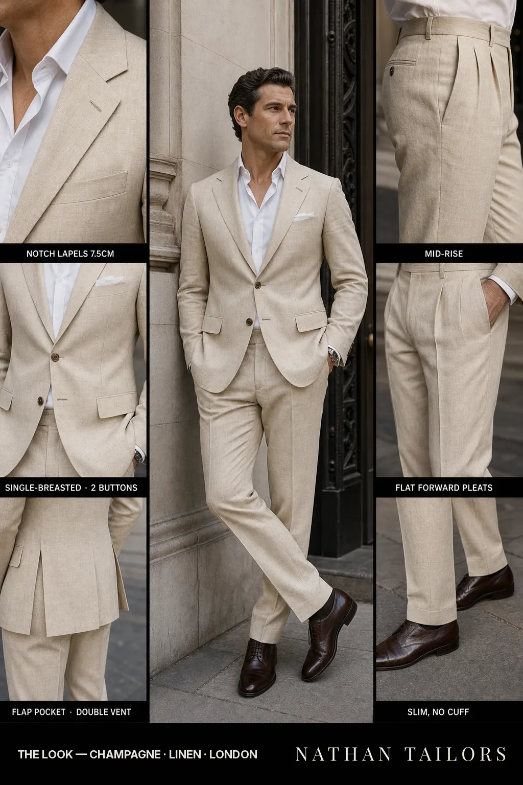 champagne single-breasted notch-lapel bespoke suit — AI-rendered by Nathan Tailors, the Hoi An custom tailor. Available as a custom tailored suit from $149.