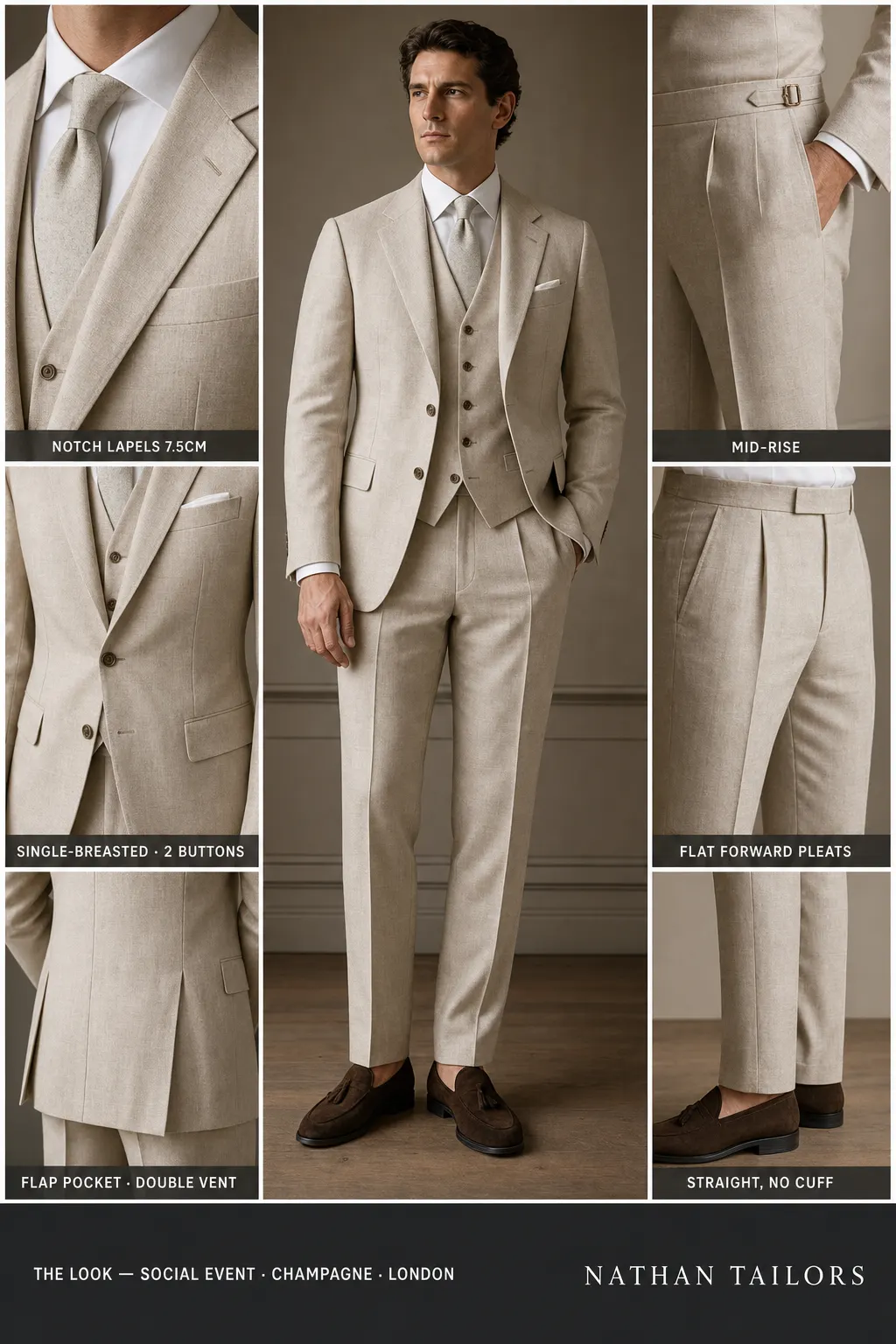 champagne single-breasted notch-lapel bespoke suit — AI-rendered by Nathan Tailors, the Hoi An custom tailor. Available as a custom tailored suit from $149.