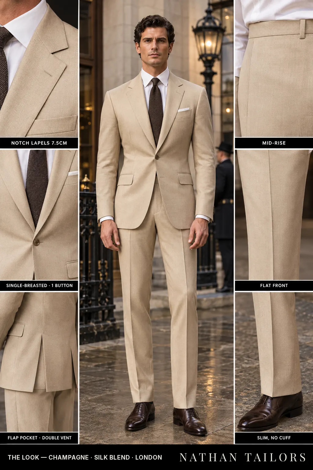 champagne single-breasted bespoke suit — custom tailored by Nathan Tailors, the Hoi An custom tailor