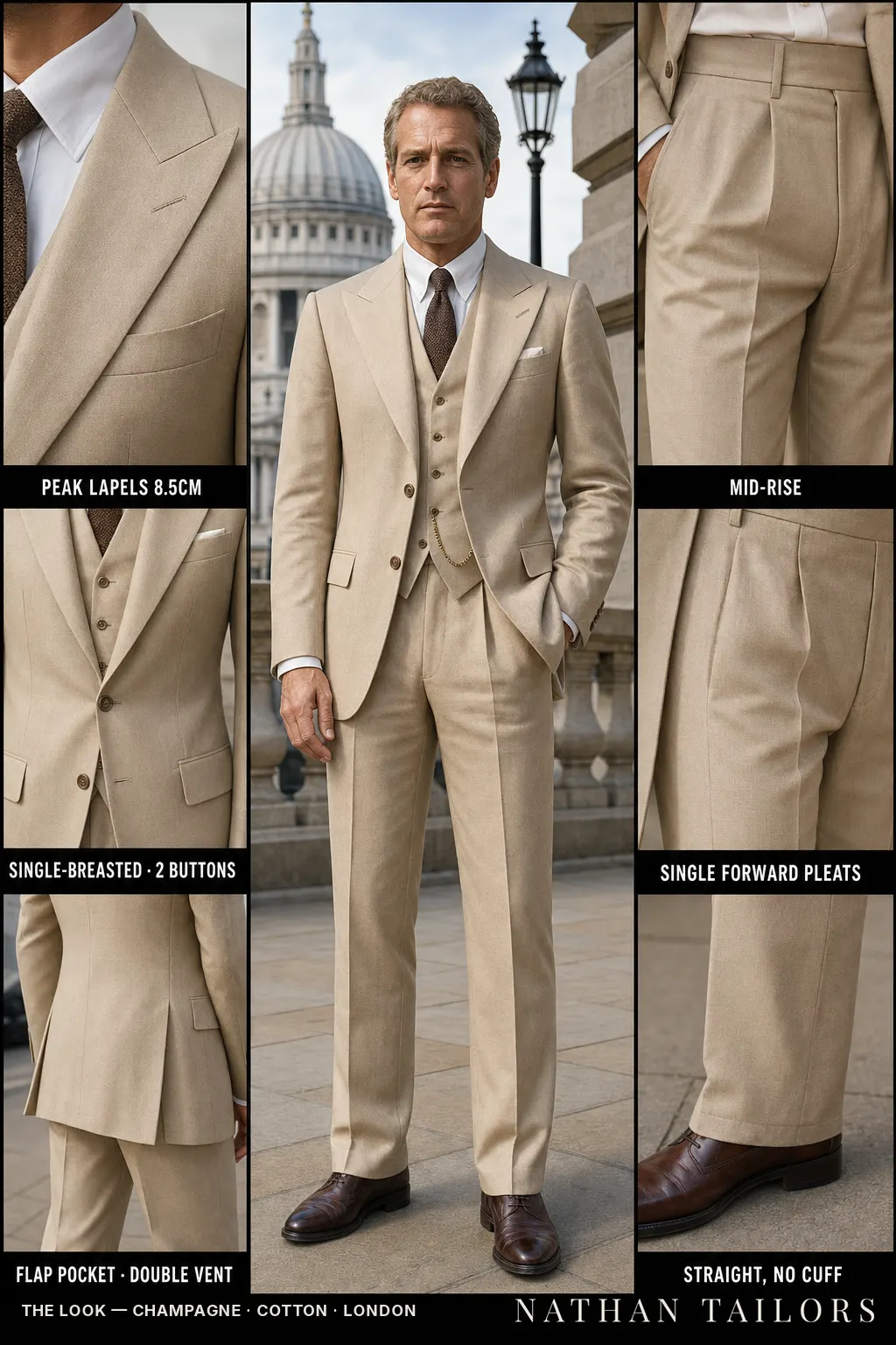 champagne single-breasted peak-lapel bespoke suit โ AI-rendered by Nathan Tailors, the Hoi An custom tailor. Available as a custom tailored suit from $149.