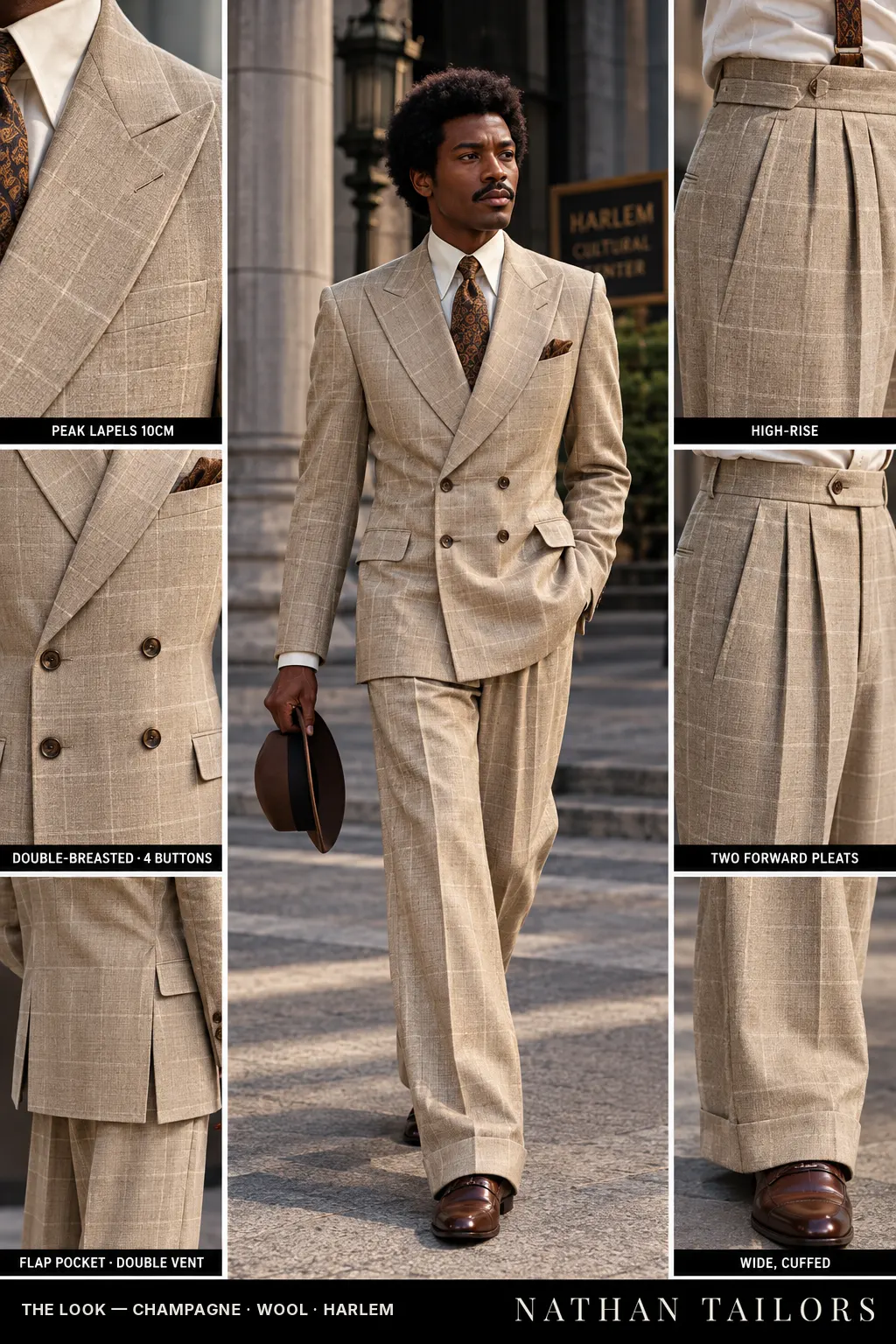 champagne windowpane double-breasted bespoke suit โ custom tailored by Nathan Tailors, the Hoi An custom tailor