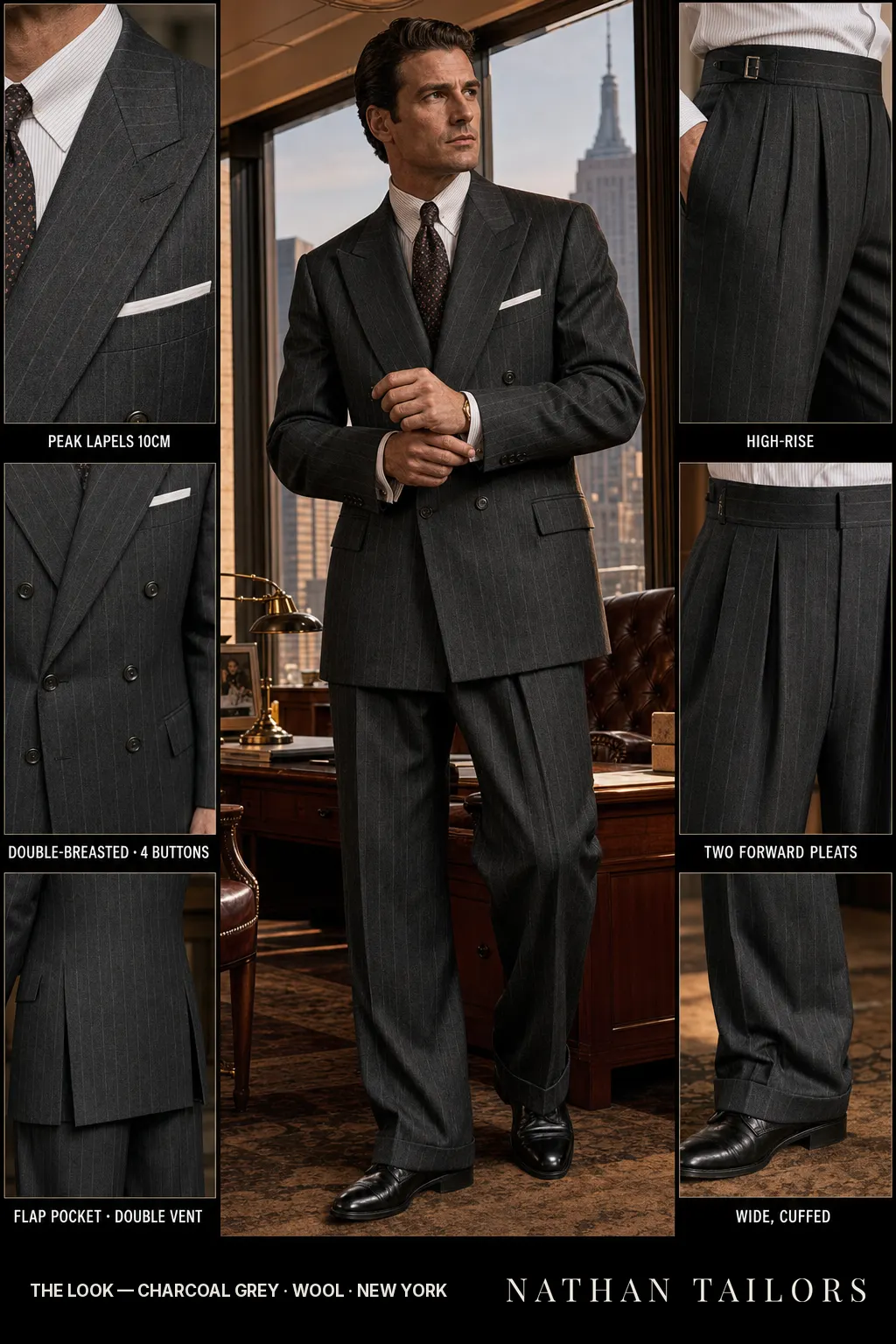 charcoal grey pinstripe double-breasted peak-lapel bespoke suit โ AI-rendered by Nathan Tailors, the Hoi An custom tailor. Available as a custom tailored suit from $149.