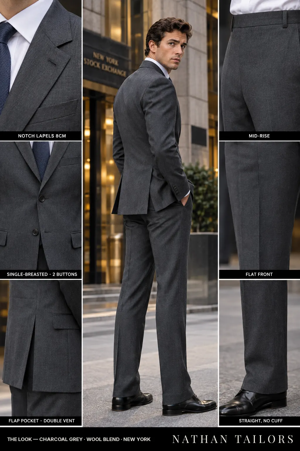 charcoal grey single-breasted bespoke suit — custom tailored by Nathan Tailors, the Hoi An custom tailor