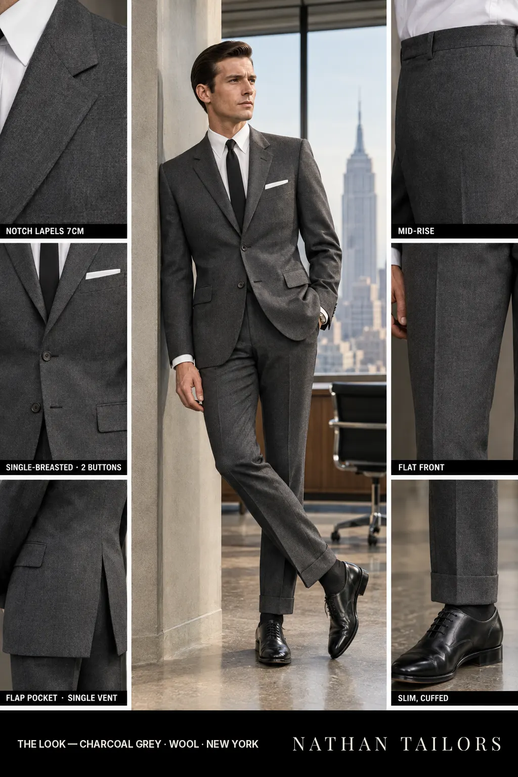 charcoal grey single-breasted bespoke suit — custom tailored by Nathan Tailors, the Hoi An custom tailor