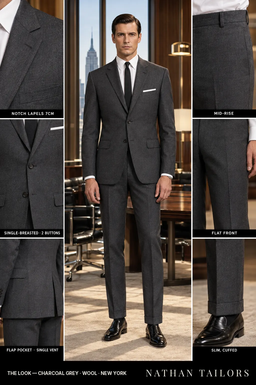 charcoal grey single-breasted notch-lapel bespoke suit โ AI-rendered by Nathan Tailors, the Hoi An custom tailor. Available as a custom tailored suit from $169.