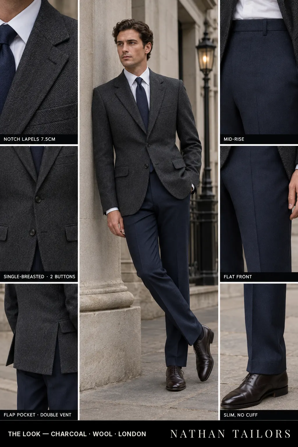 charcoal herringbone single-breasted bespoke suit โ custom tailored by Nathan Tailors, the Hoi An custom tailor