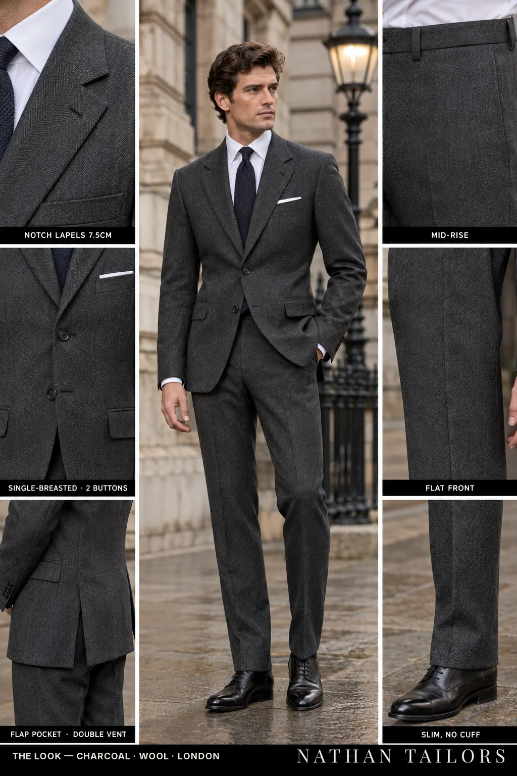 charcoal herringbone single-breasted bespoke suit โ custom tailored by Nathan Tailors, the Hoi An custom tailor