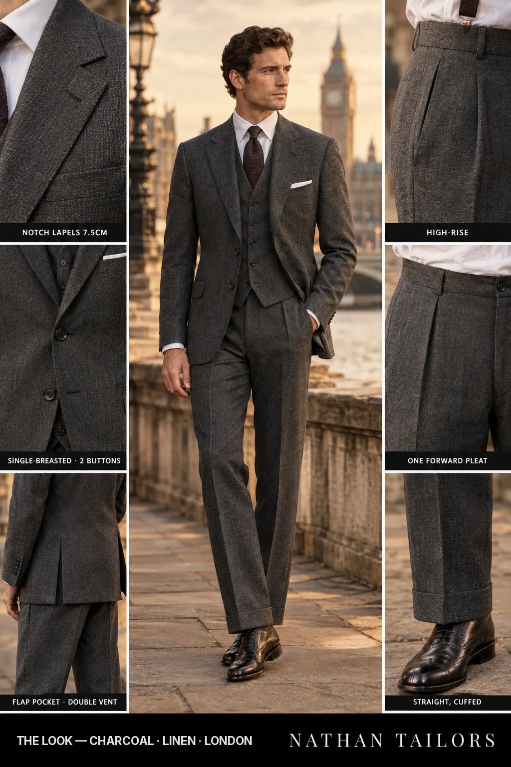 charcoal herringbone single-breasted bespoke suit โ custom tailored by Nathan Tailors, the Hoi An custom tailor