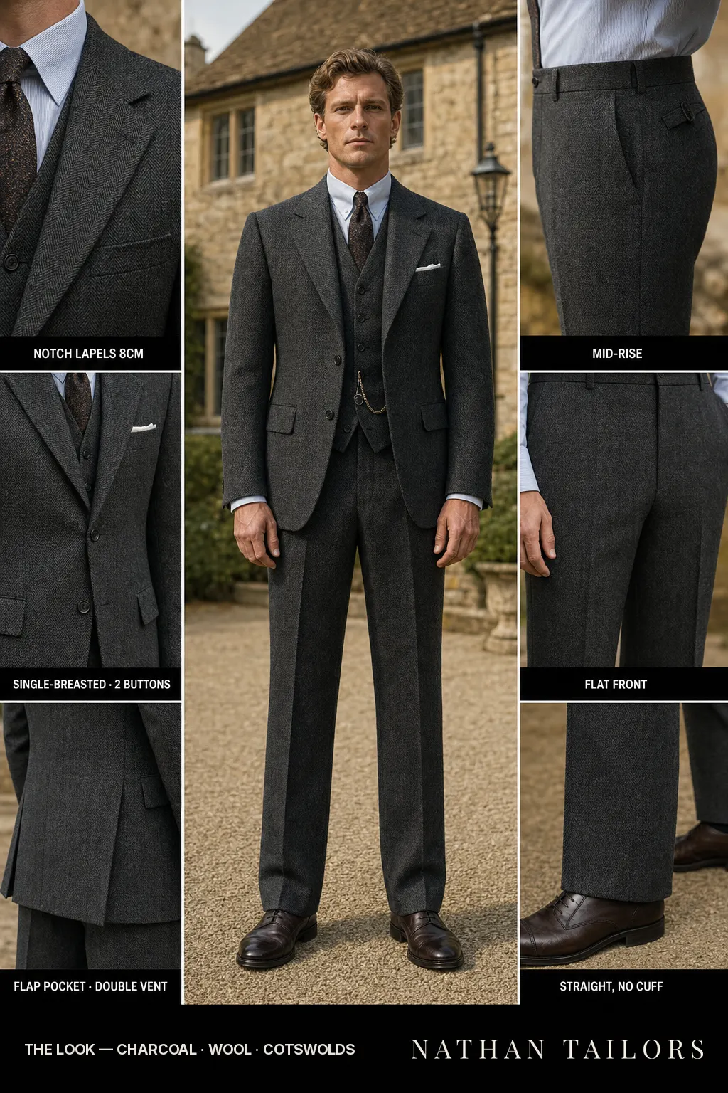 charcoal herringbone single-breasted notch-lapel bespoke suit — AI-rendered by Nathan Tailors, the Hoi An custom tailor. Available as a custom tailored suit from $149.