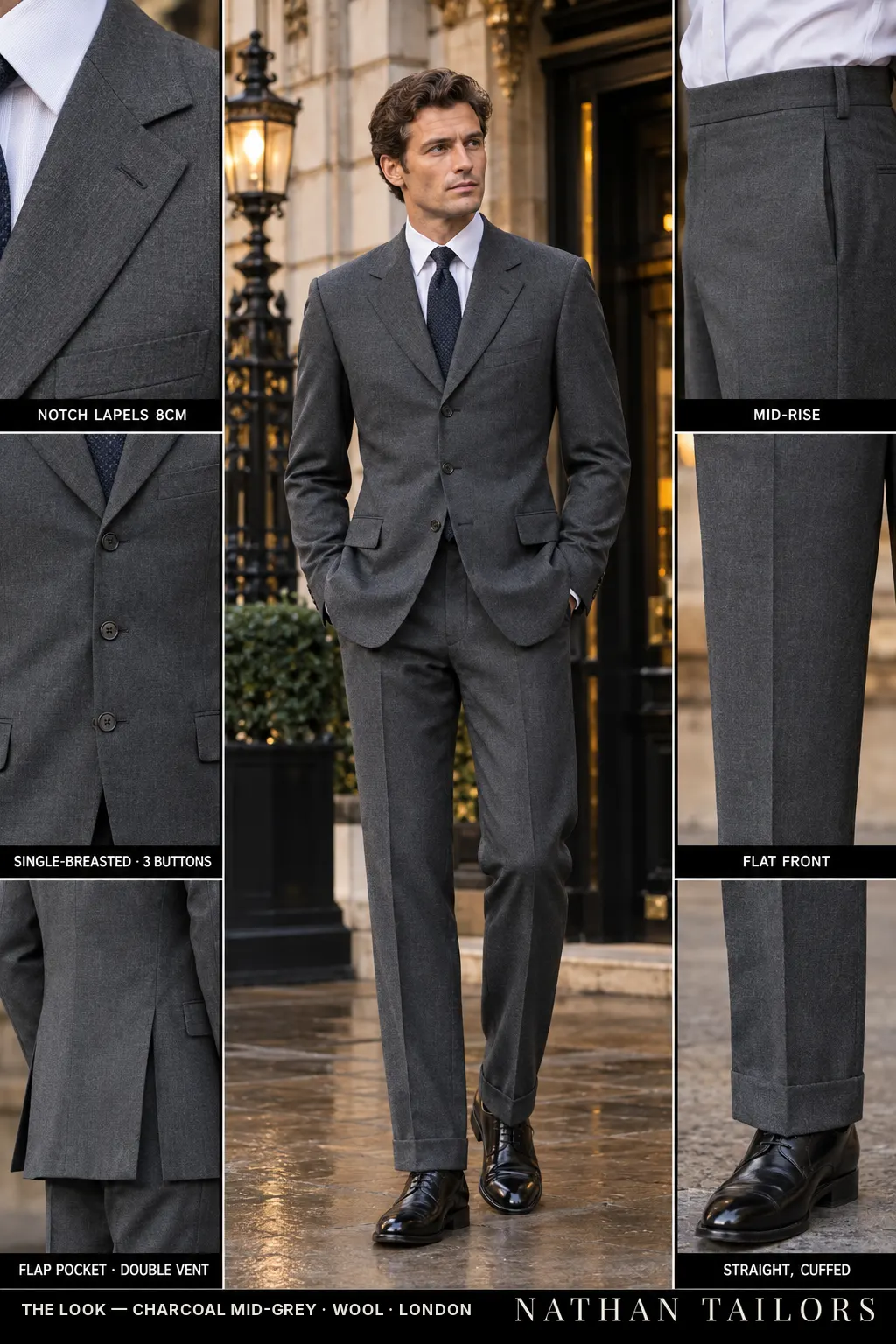 charcoal mid-grey single-breasted bespoke suit โ custom tailored by Nathan Tailors, the Hoi An custom tailor