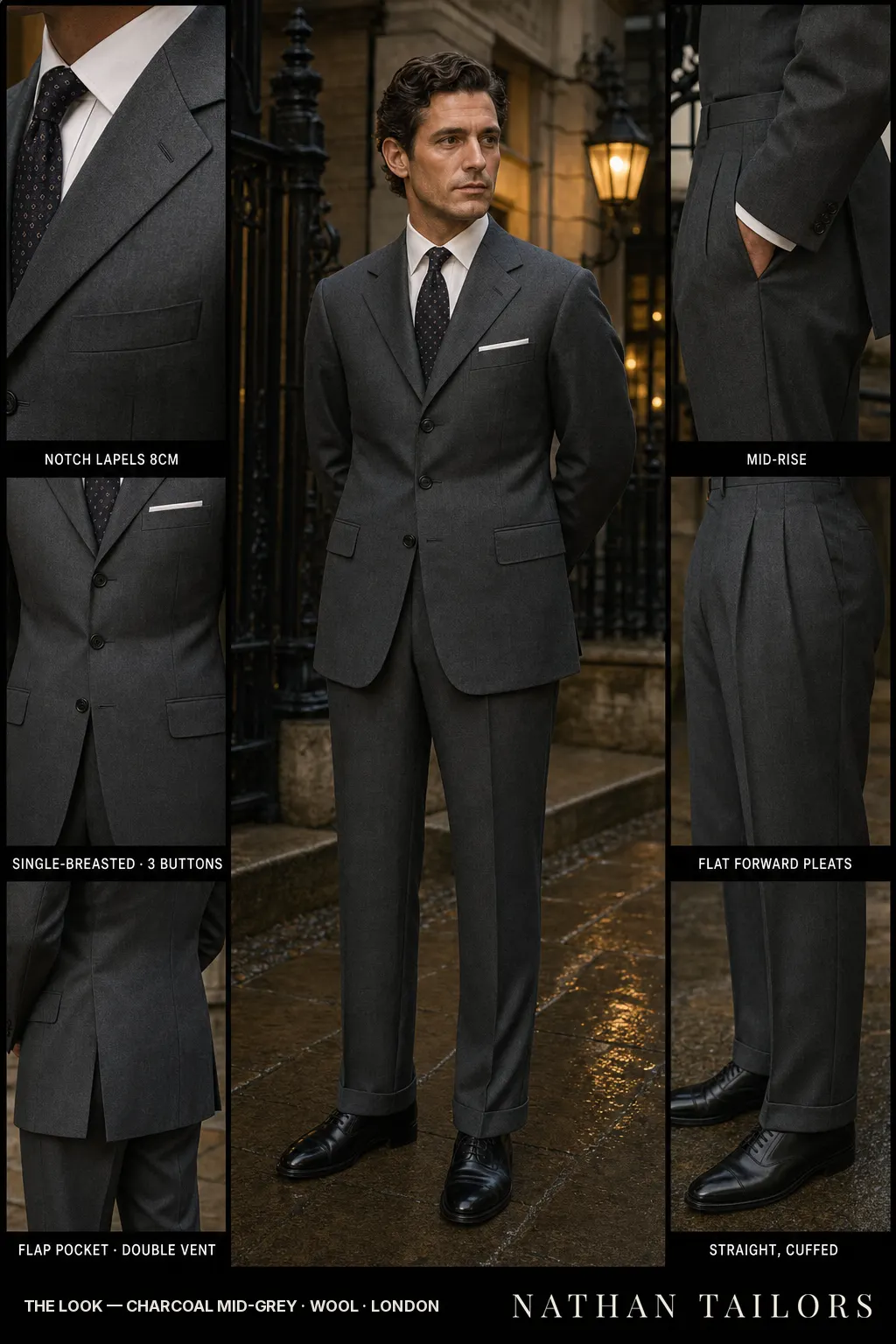 charcoal mid-grey single-breasted notch-lapel bespoke suit — AI-rendered by Nathan Tailors, the Hoi An custom tailor. Available as a custom tailored suit from $149.