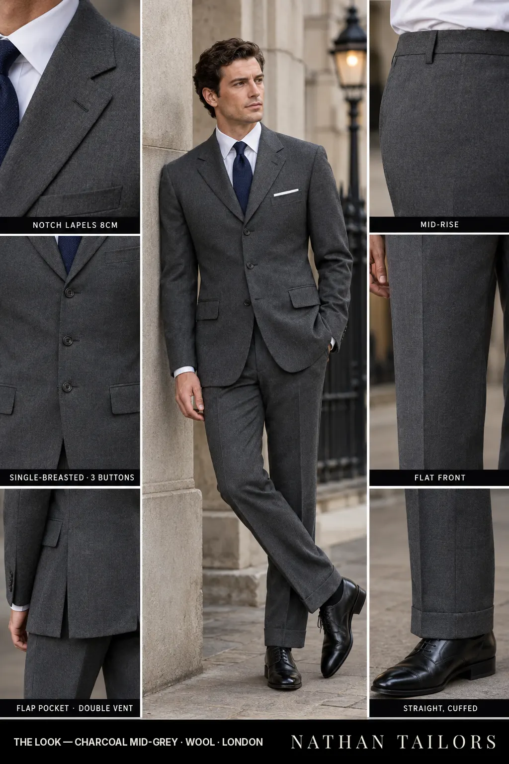 charcoal mid-grey single-breasted notch-lapel bespoke suit โ AI-rendered by Nathan Tailors, the Hoi An custom tailor. Available as a custom tailored suit from $149.