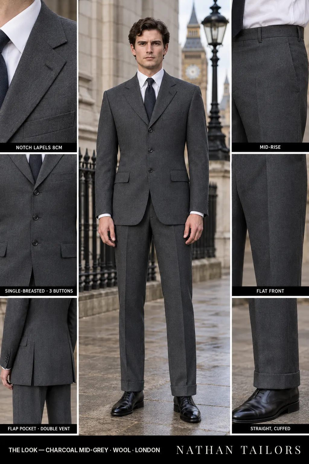 charcoal mid-grey single-breasted bespoke suit — custom tailored by Nathan Tailors, the Hoi An custom tailor