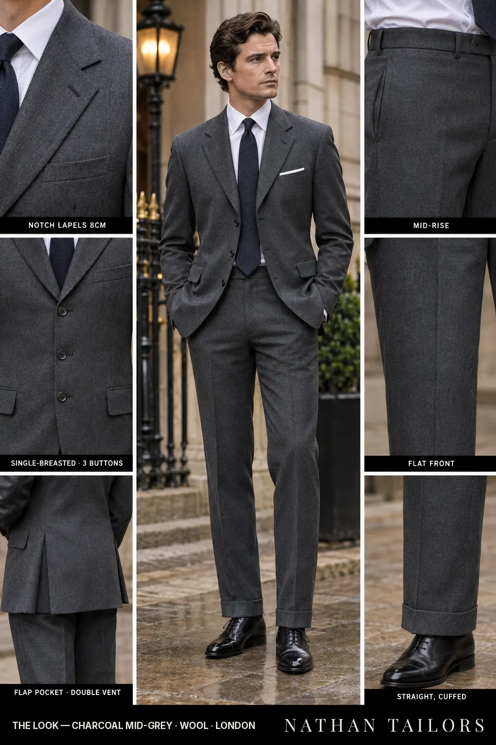 charcoal mid-grey single-breasted bespoke suit — custom tailored by Nathan Tailors, the Hoi An custom tailor